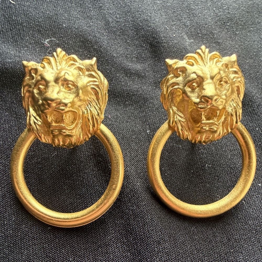 Anne Klein Lion Head Dangle Drop Clip-On Earrings Gold Tone